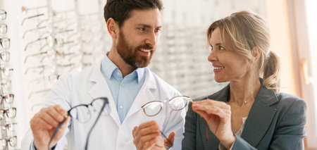 Smiling ophthalmologist helping client to choose glasses in optic storeの写真素材