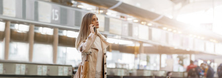 Female traveler carrying luggage bag at airport and talking phoneの写真素材