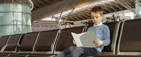 Little boy watching cartoons on digital tablet in waiting room at the airport before flightの写真素材