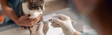 Veterinarian in gloves takes temperature of cute cat with digital thermometer in clinic officeの写真素材