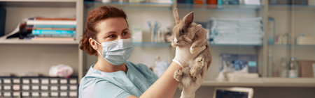 Lady veterinarian with surgical mask holds cute rabbit at examining in hospitalの写真素材