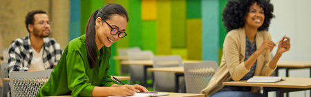 Group of young multiracial people sitting at desks in the modern office and listening to coach or speaker during corporate team building training or business seminarの写真素材