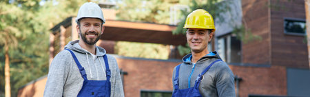 Rely on us. Two positive handsome young male engineers in hard hats smiling at camera, posing outdoors with toolbox and suitcase with tools while working on cottage construction siteの写真素材