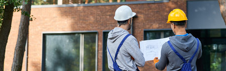 Making the best house. Rear view of two builders standing outdoors with an open blueprint discussing the half completed cottage houseの写真素材