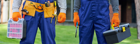 Cropped shot of two male builders in blue overalls carrying toolbox at construction siteの写真素材