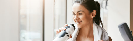 Time for rest. Young and cheerful woman in sportswear with white towel on her shoulders drinking water while standing in front of windows at gymの写真素材