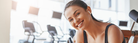 Taking a break. Cheerful and cute young woman in sportswear and headphones holding her smartphone and smiling while standing at gym.の写真素材