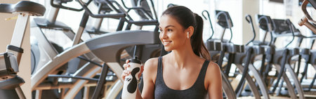 Having a rest. Beautiful young woman in sports clothing holding a bottle of water while sitting at lotus position at gym.の写真素材