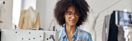 African-American dressmaker holds thread shooting video at workplace in spacious studioの写真素材