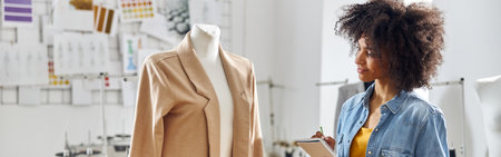 Positive African-American tailor in denim shirt writes in noteboの写真素材