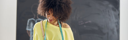 African-American woman with tape measure and belt bag chooses color at table against blackboardの写真素材