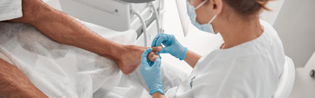 Master in blue gloves checks nails of man before procedure in beauty salon