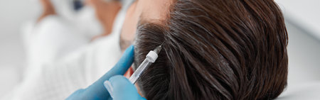 Cosmetologist in gloves does vitamin injection in patient head skin during meso therapyの写真素材