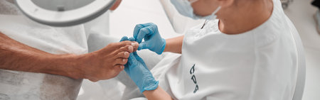 Lady in latex gloves looks at toenail of man client in salonの写真素材