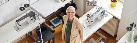 Middle aged woman designer looks at camera standing near sewing machines in spacious studioの写真素材