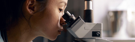 Asian lab assistant uses microscope working with material sample at table in laboratoryの写真素材