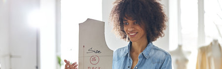 African-American lady holds sewing pattern standing at cutting table in workshopの写真素材