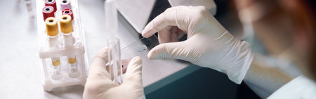 Female technician in latex gloves holds glass slide with transparent liquid drop at workplaceの写真素材