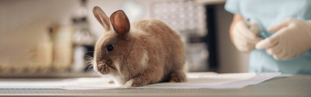 Rabbit sits on table near professional veterinarian in contemporary clinic office closeupの写真素材