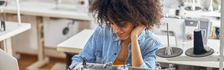 African-American woman clothes designer draws sketches at table with sewing machine and laptopの写真素材