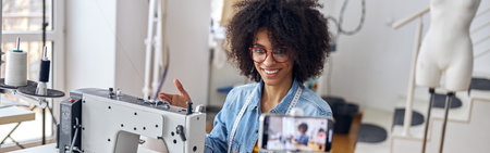 African-American lady shows contemporary sewing machine shooting new video in workshop