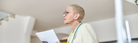 Professional fashion designer with stylish haircut and glasses stands in light sewing workshopの写真素材