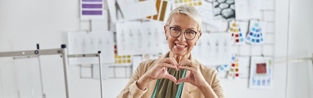 Cheerful mature woman dressmaker shows heart with hands in spaciの写真素材