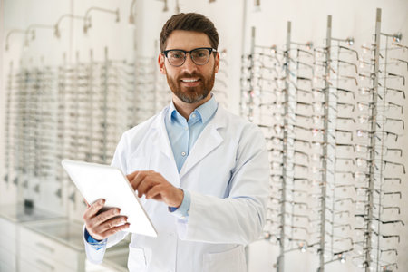 Male optician with digital tablet on background of shop windows with different models of glassesの写真素材