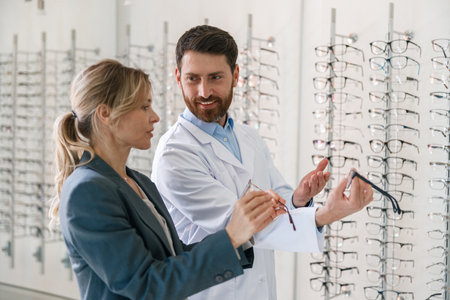 The ophthalmologist helps the client to choose a more suitable spectacle frame in optical storeの写真素材