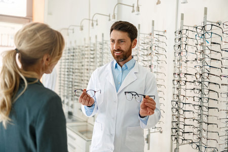 Male optician showing glasses to woman at optics storeの写真素材
