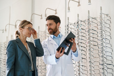 Male optometrist helping woman to choose glasses in optical store showing to her mirrorの写真素材