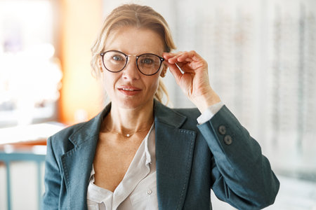 Focused Middle-aged woman in jacket trying to choose glasses in an optics storeの写真素材