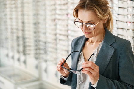 Focused woman inspects a spectacle frame in an opticians shopの写真素材