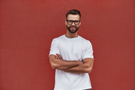 Free day. Portrait of attractive bearded man in eyeglasses keeping arms crossed and looking at camera with smile while standing against red wall outdoorsの写真素材