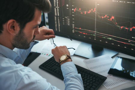 Time to trade. Bearded male trader looking at watch on his hand while working with data and charts on computer screens in his modern office.の写真素材