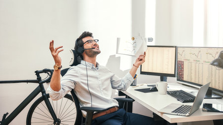 Great Happy and successful bearded trader in headset holding financial report, talking with client and gesturing while sitting in front of monitor screens in the office.の写真素材
