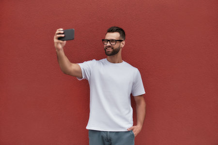 Happy moments. Handsome young man in casual clothes making selfie with his mobile phone and smiling...