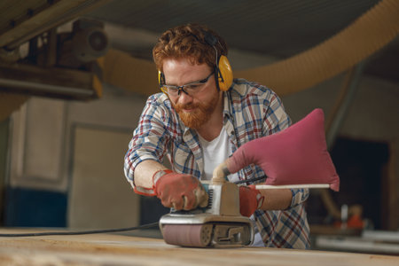 Bearded male wood worker using electric sander for wood. Carpentry workshop. High quality photoの写真素材