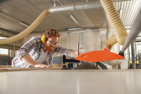 Professional carpenter cutting wooden board at sawmill carpentry manufacturing . Sawing machineの写真素材