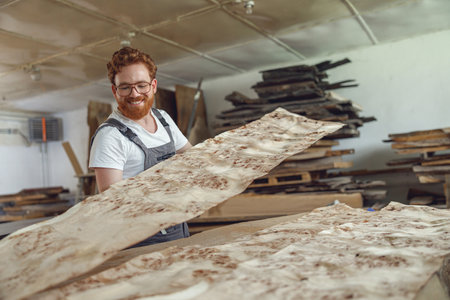 Smiling professional male carpenter working on carpentry manufacturing with wooden materialsの写真素材