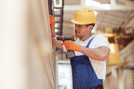 Male worker using cordless electric drill at construction siteの写真素材