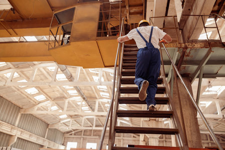 Male builder walking up the stairs at construction siteの写真素材