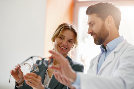 The ophthalmologist helps the client to choose a more suitable spectacle frameの写真素材