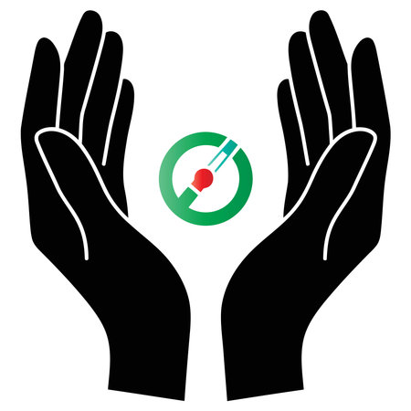 Caring hands protecting a vibrant global icon, symbolizing hope, environmental awareness, and community well-being with a modern and professional designのイラスト素材