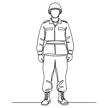 Striking Line Art Depiction of Soldier in Uniform with Helmet, Perfect for Patriotic Themes and Military Appreciation Projects with Clean Modern Styleのイラスト素材
