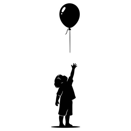 Touching Silhouette of a Child Reaching for a Balloon, Evoking Nostalgia and Lost Dreams, Ideal for Themes of Childhood, Hope, and Remembranceのイラスト素材