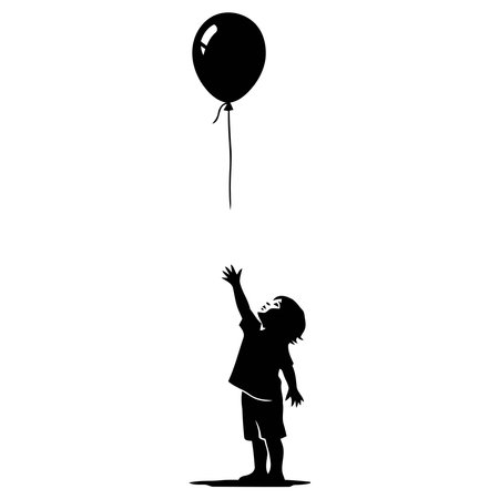 Touching silhouette of a child reaching for a soaring black balloon, a symbol of hope and childhood dreams, perfect for inspirational projectsのイラスト素材