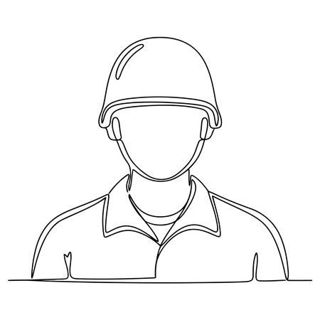 Dynamic minimalist line drawing of soldier wearing helmet, perfect for impactful designs or conveying remembrance and respect with its sleek modern aestheticのイラスト素材