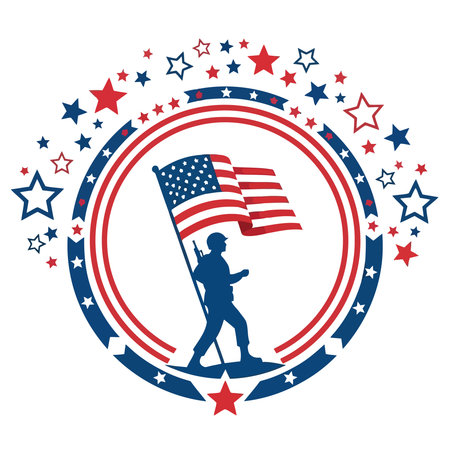 Patriotic tribute with soldier silhouette holding American flag surrounded by stars, perfect for Fourth of July or Memorial Day celebrationsのイラスト素材