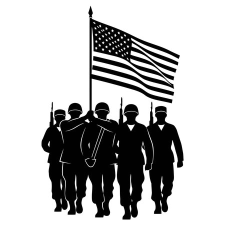 Powerful silhouette of soldiers marching with American flag, symbolizing patriotism, sacrifice, and national pride, ideal for Veteran's Day tributesのイラスト素材